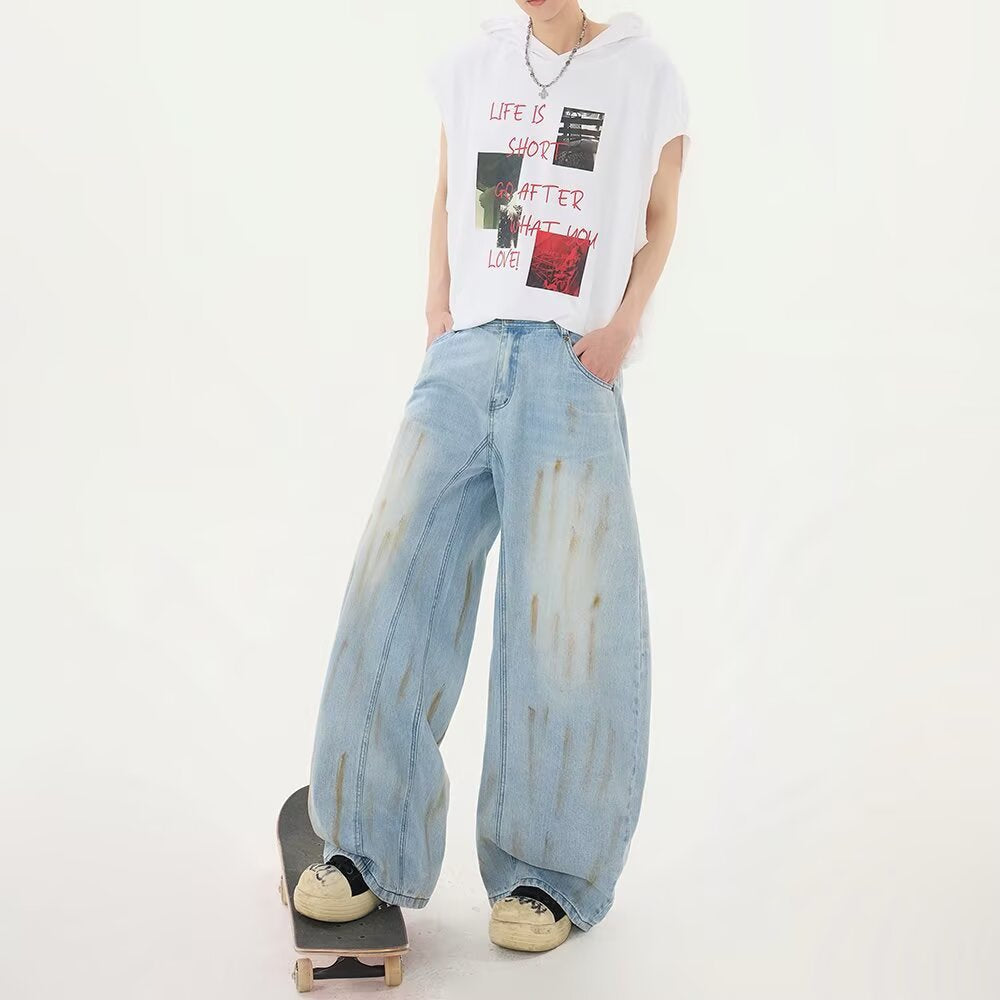 Distressed Wide-Leg Floor-Length Denim Pants with Curved Knife Design