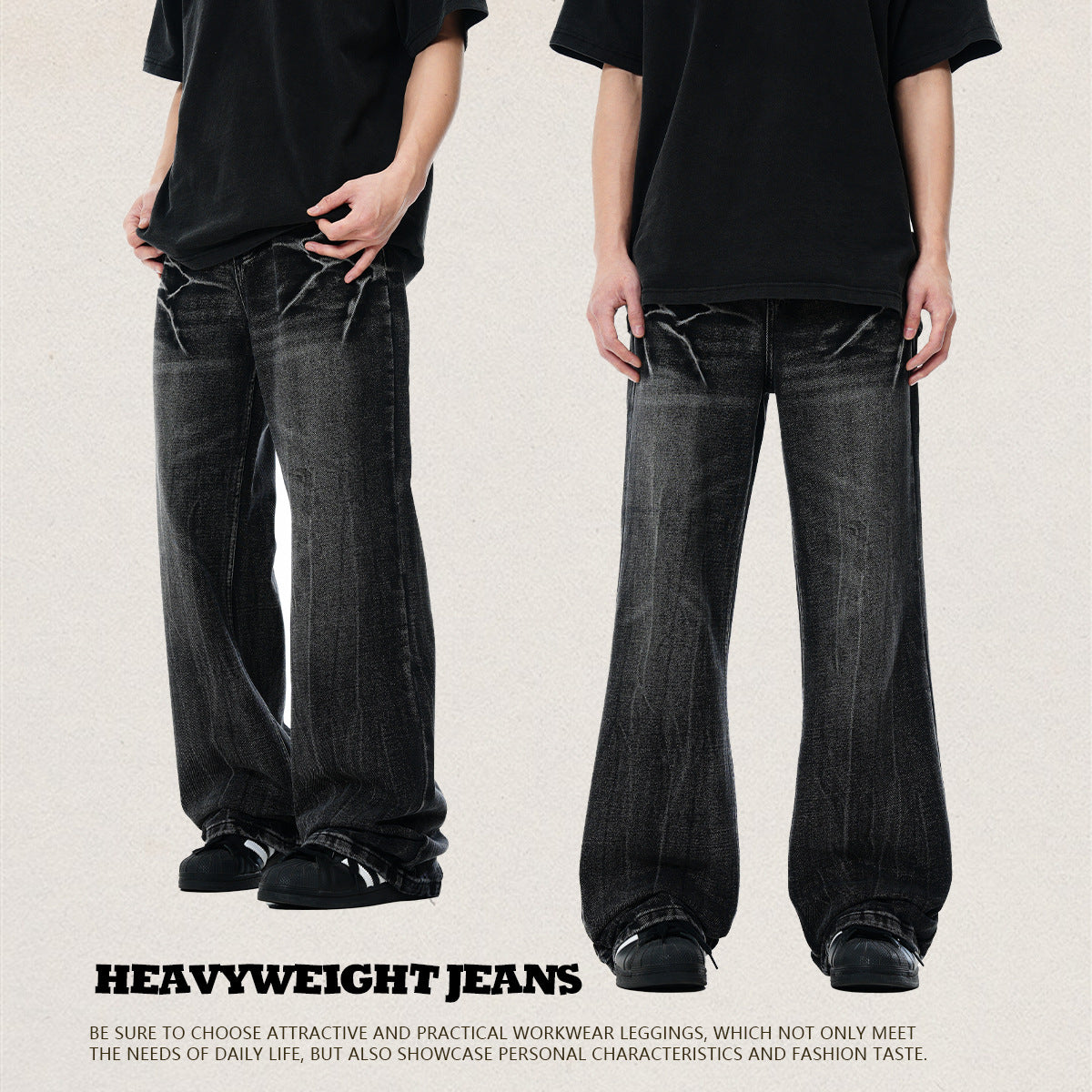 High Street Lightning Crack Washed Denim Trousers - Faded Cat Whiskers Loose Flared Jeans