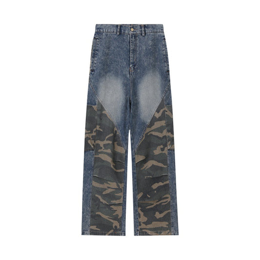 Washed Vintage Camouflage Spliced Straight Leg Wide Leg Denim Pants
