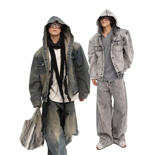 Washed Distressed Deconstructed Hooded Denim Jacket for Teens