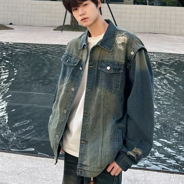 Water Washed Distressed Denim Jacket for Men