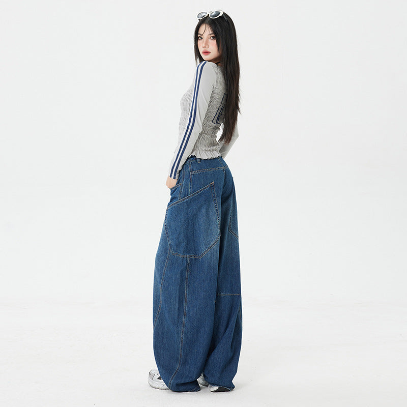Women's Large Pocket Oversized Knife-Edge Jeans – Loose Baggy Patchwork Wide Leg Pants