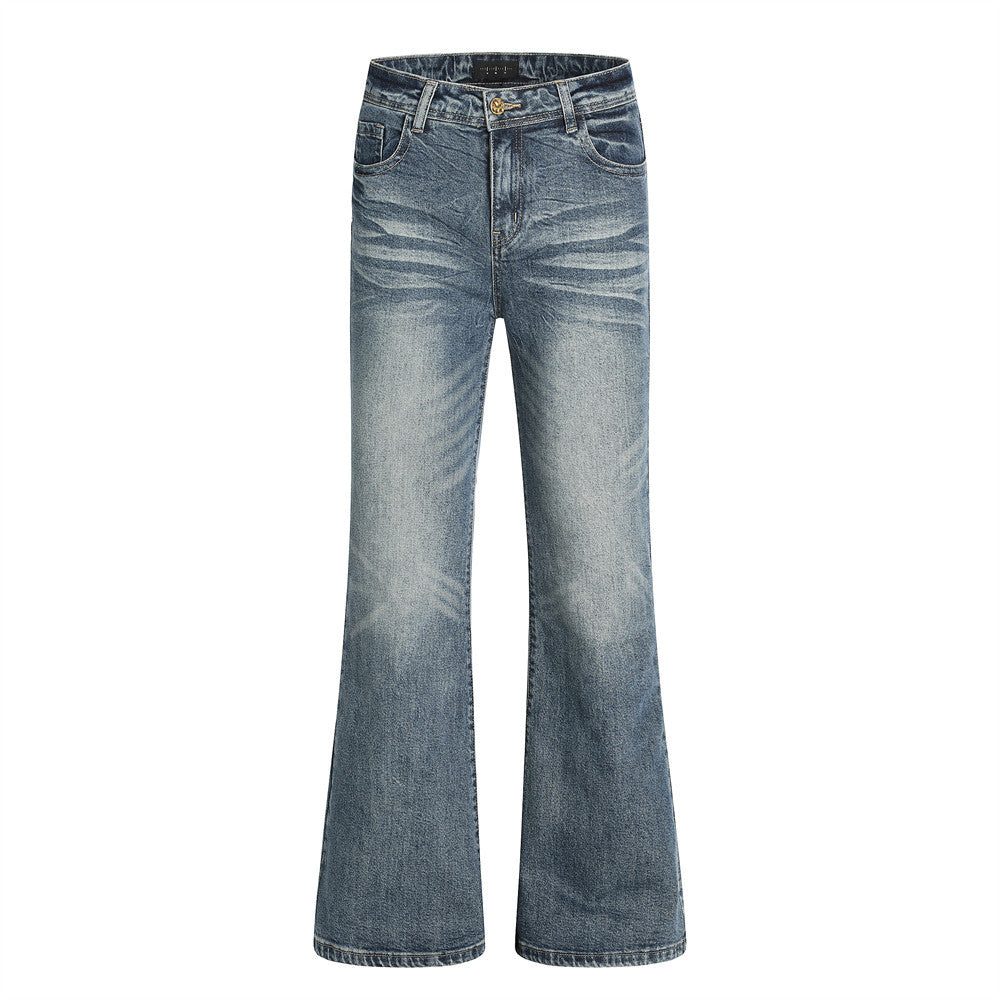 Men's Vintage Washed Denim Flare Pants with Unique Pocket Design
