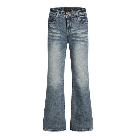 Men's Vintage Washed Denim Flare Pants with Unique Pocket Design