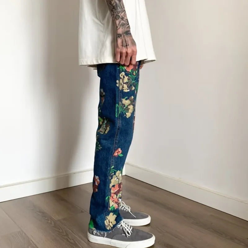 Hand-Painted Floral Graffiti Fringed Small Straight Leg Jeans for Men