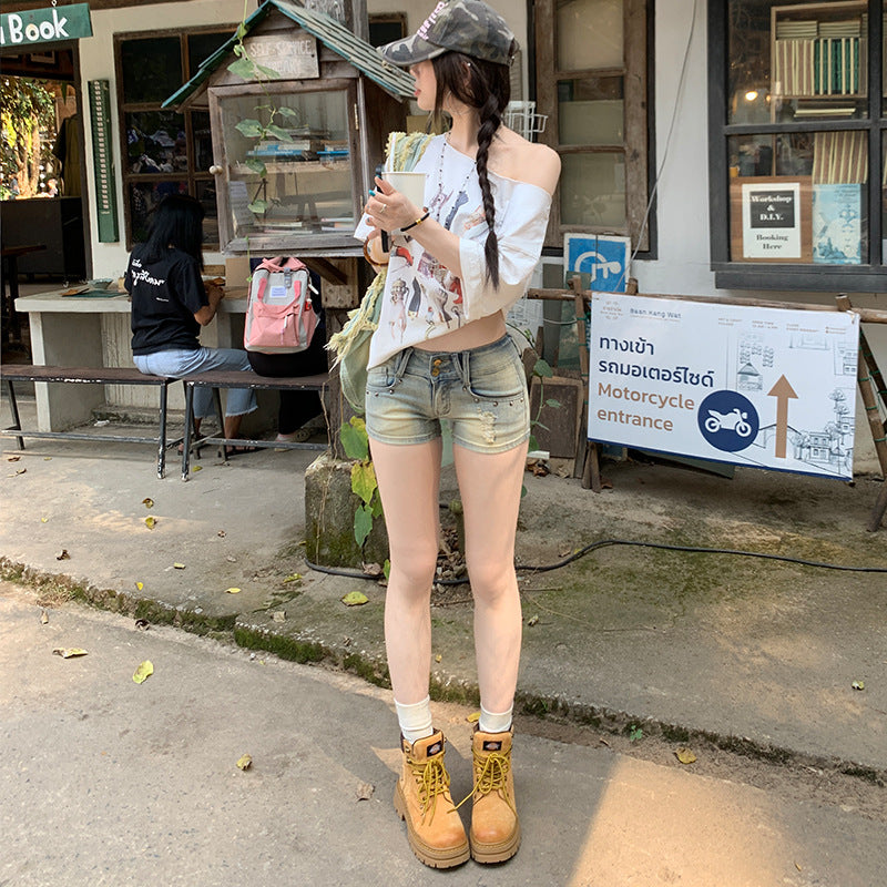 Low-Waist Studded Denim Ultra-Short Summer Skinny Ripped Hot Pants