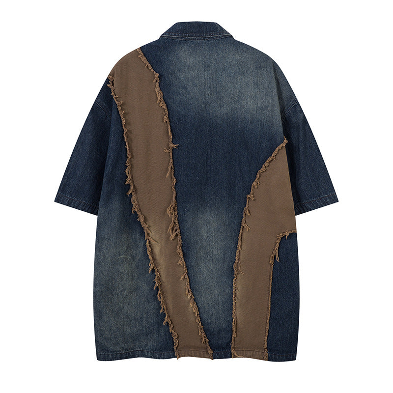 Original Colorblock Frayed Denim Short Sleeve Shirt for Men