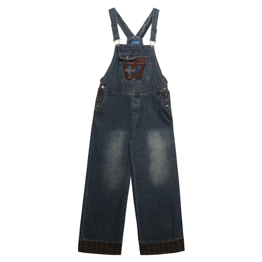 Retro Letter Embroidery Washed Denim Overalls for Unisex - Loose Slimming Jumpsuit