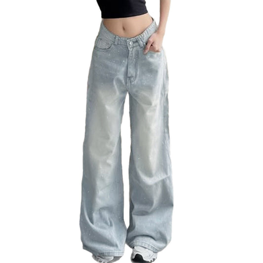 Premium Retro Washed Rhinestone Low Rise Jeans