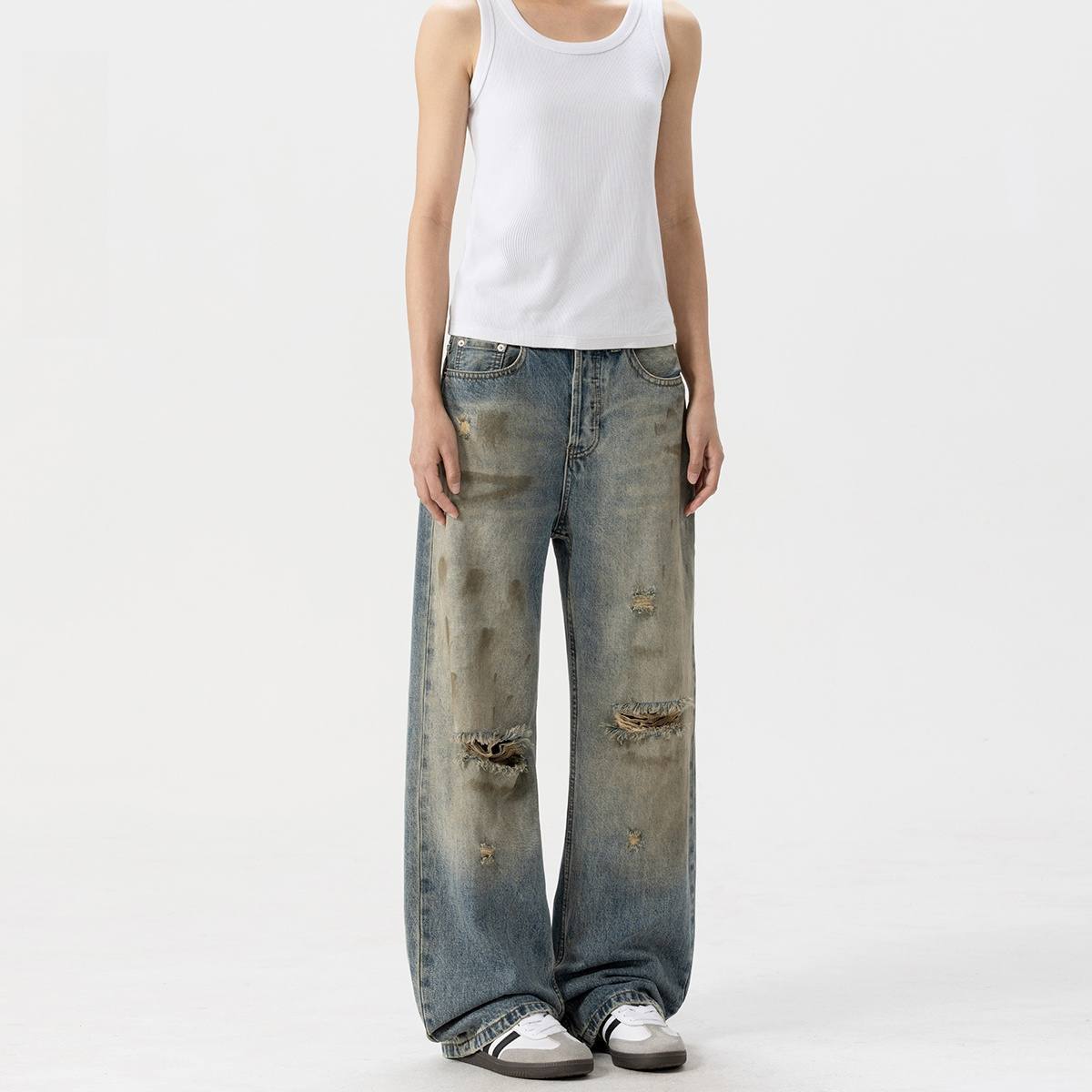 Ripped Denim Dirty Dyed Vintage Distressed Pants