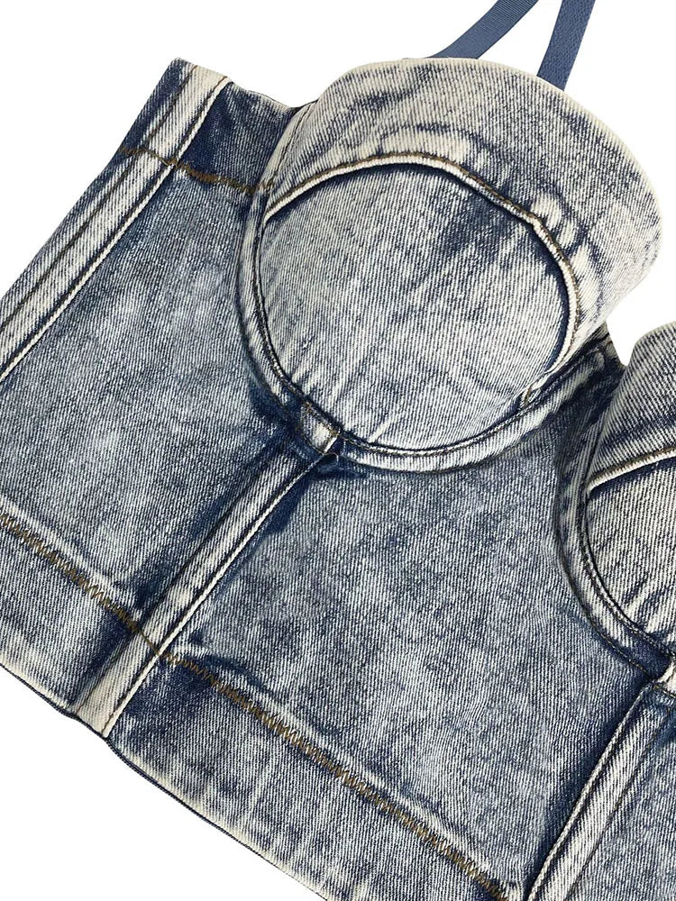 Sexy Women's Short Tank Tops Retro Fishbone Denim Camisole - Slim Fit