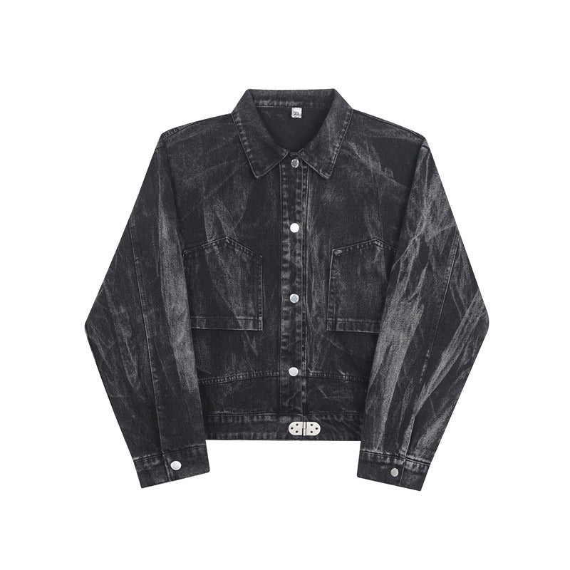 Washed Black and Gray Denim Jacket with Retro Pocket Design