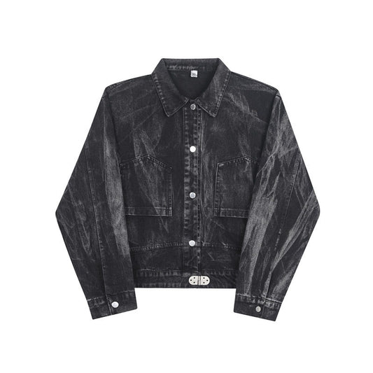 Washed Black and Gray Denim Jacket with Retro Pocket Design