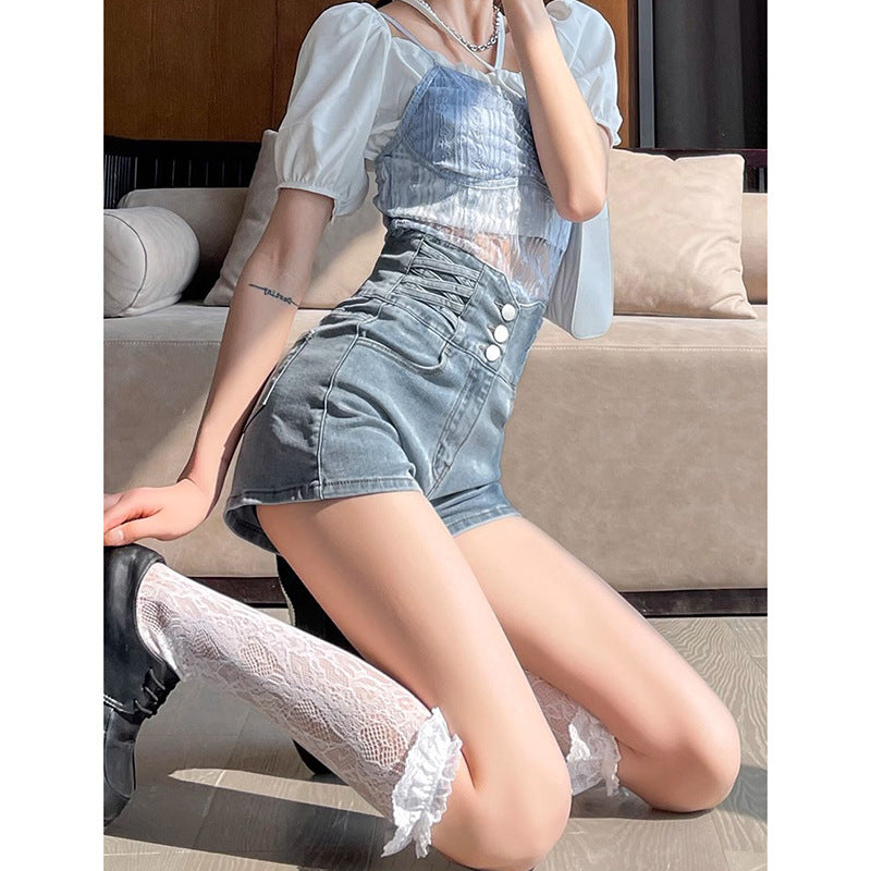 Casual High-Waisted Buttoned Denim A-Line Shorts for Women