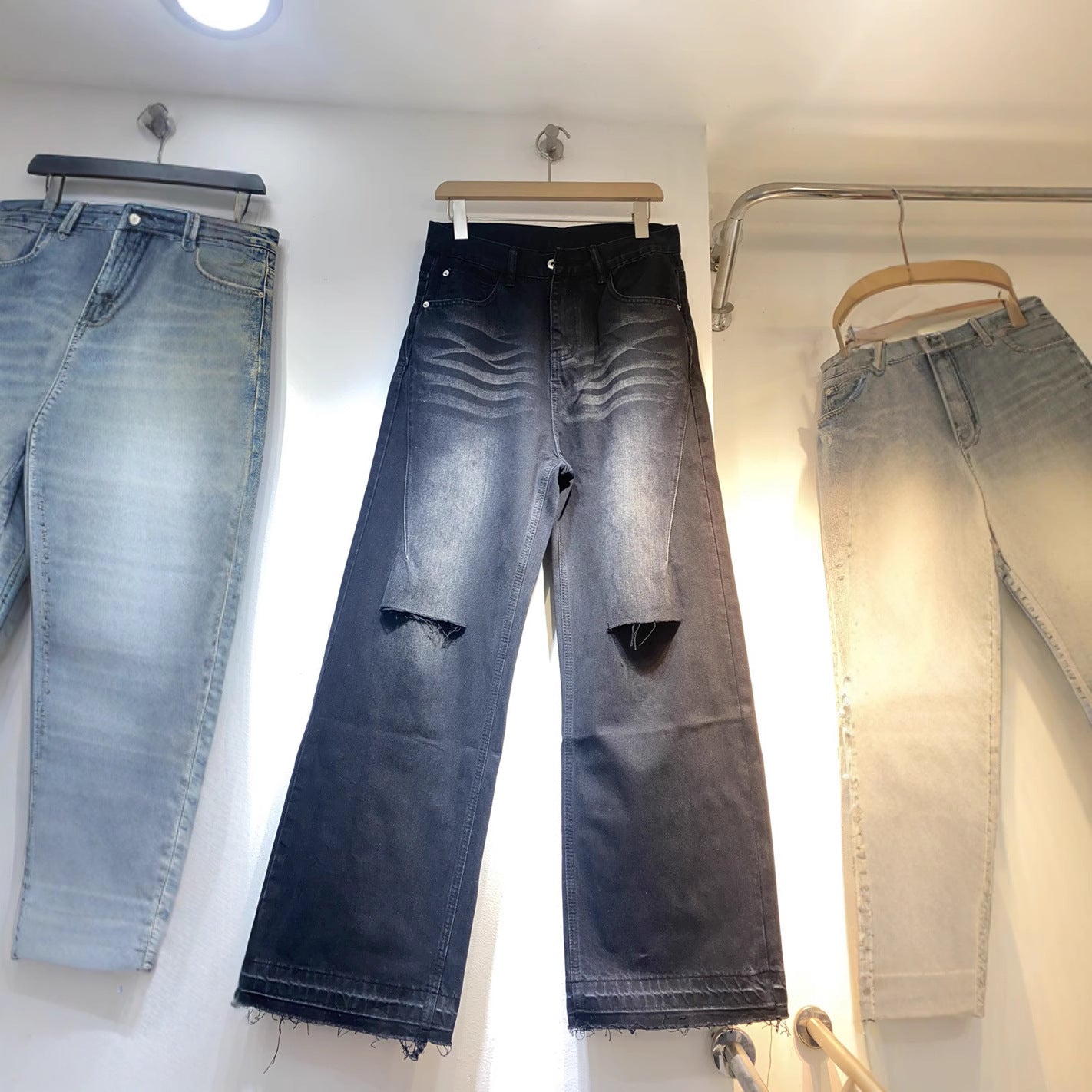 Street Water Washed Vintage Knife-Cut Distressed Denim Pants - Unisex Loose Straight Wide-Leg Long Trousers