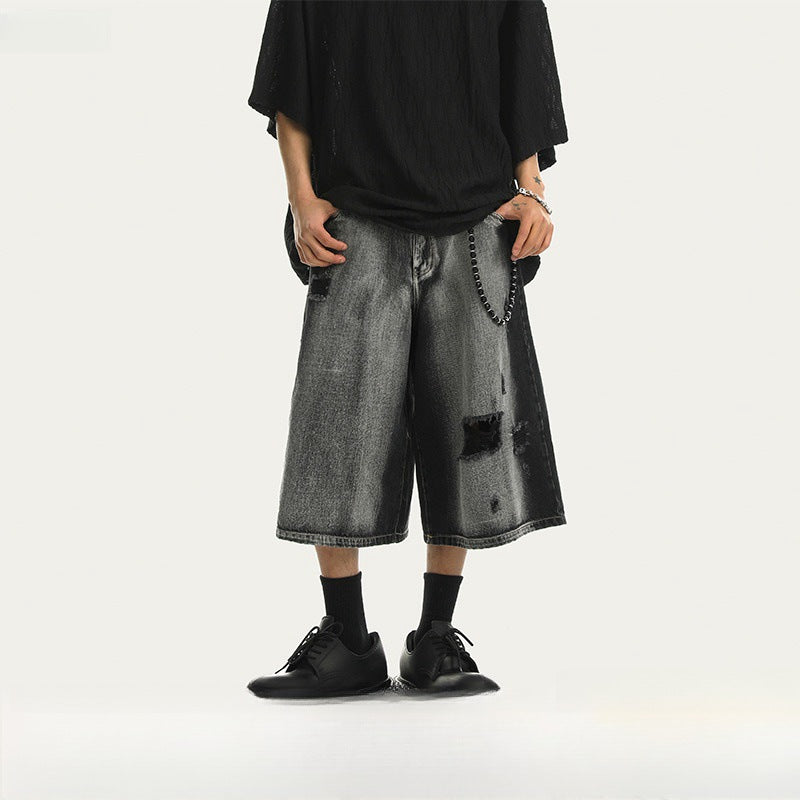 Men's Retro Ripped Denim Shorts - Black