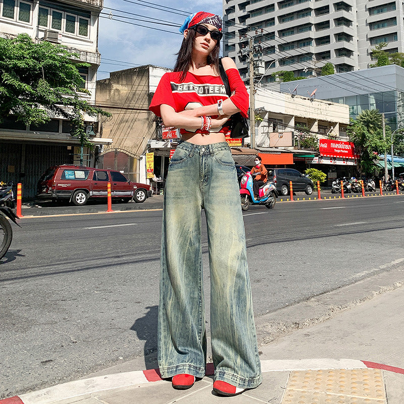 Women's High Waist Loose Fit Flare Wide Leg Denim Pants