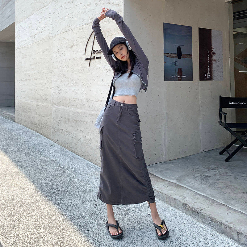 Workwear Pocket Denim A-Line Skirt with Adjustable Drawstring Length for Women