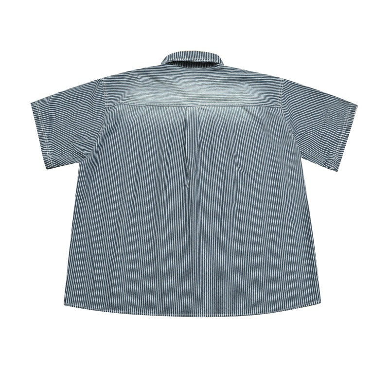Loose Fitting Washed Striped Short Sleeve Denim Shirt with Patch Design