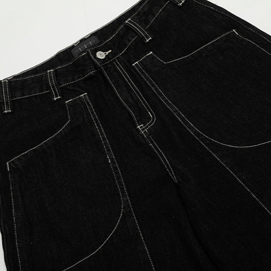 Loose Denim Shorts with Visible Thread Decoration - Black