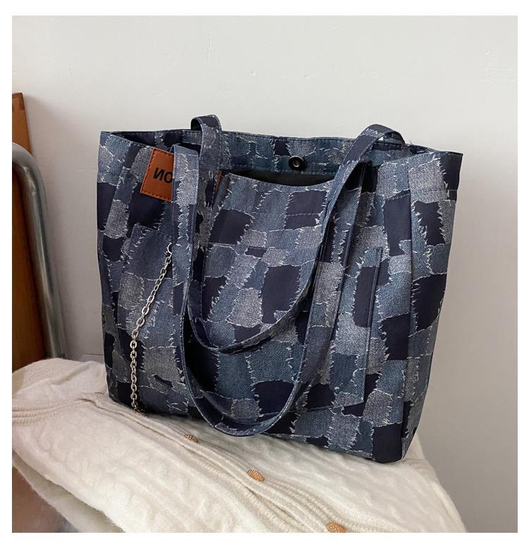 Women's One-Shoulder Denim Plaid Tote Bag