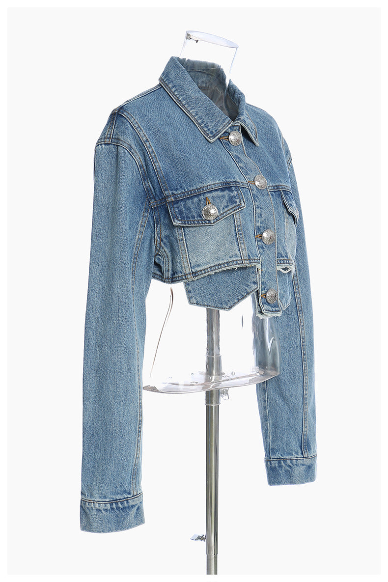 Deep Fried Street Pocket Bright Pink Short Tassel Denim Motorcycle Jacket