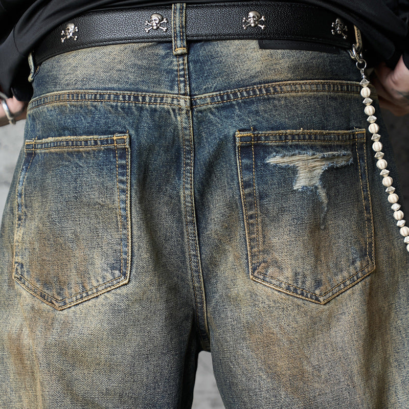 Vintage Washed Ripped  Dagger Cut Denim Pants - Unisex Loose Fit Wide Leg Trousers