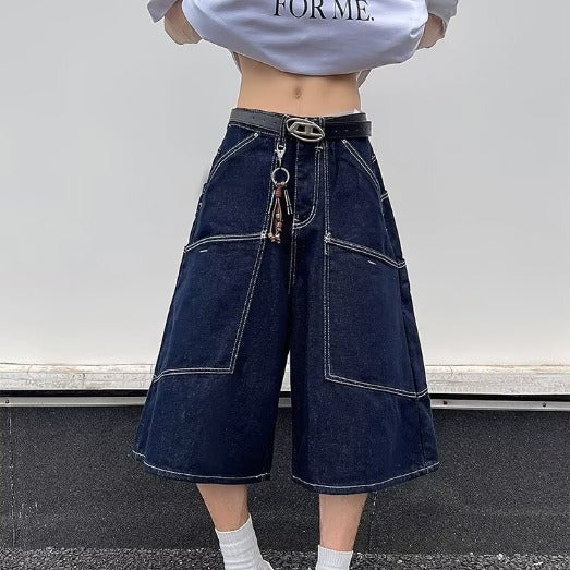 Cowboy Shorts Casual Loose Washed Wide Leg Cropped Pants