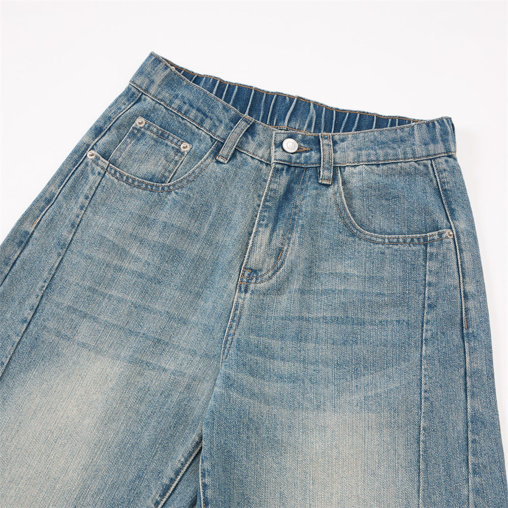 Men's Denim Pants, White Washed Patchwork Tapered Fit, Versatile Loose Fit Men's Jeans