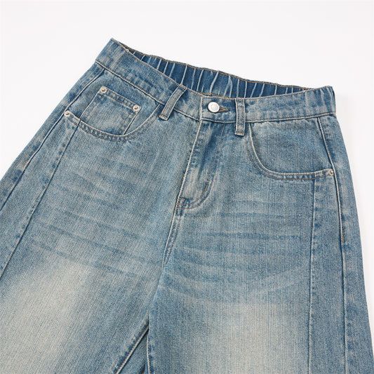 Men's Denim Pants, White Washed Patchwork Tapered Fit, Versatile Loose Fit Men's Jeans