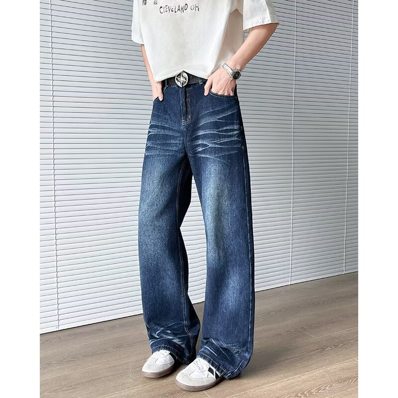 Retro Semi Elastic Waist Casual Loose Straight Leg Wide Leg Pants