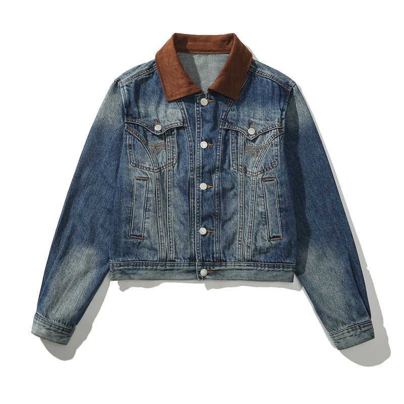 Versatile Suede Collar Washed Blue Loose Denim Jacket