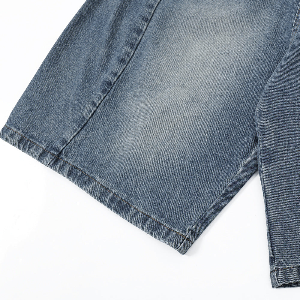 Men's Distressed Wide-Leg Denim Shorts with Patchwork