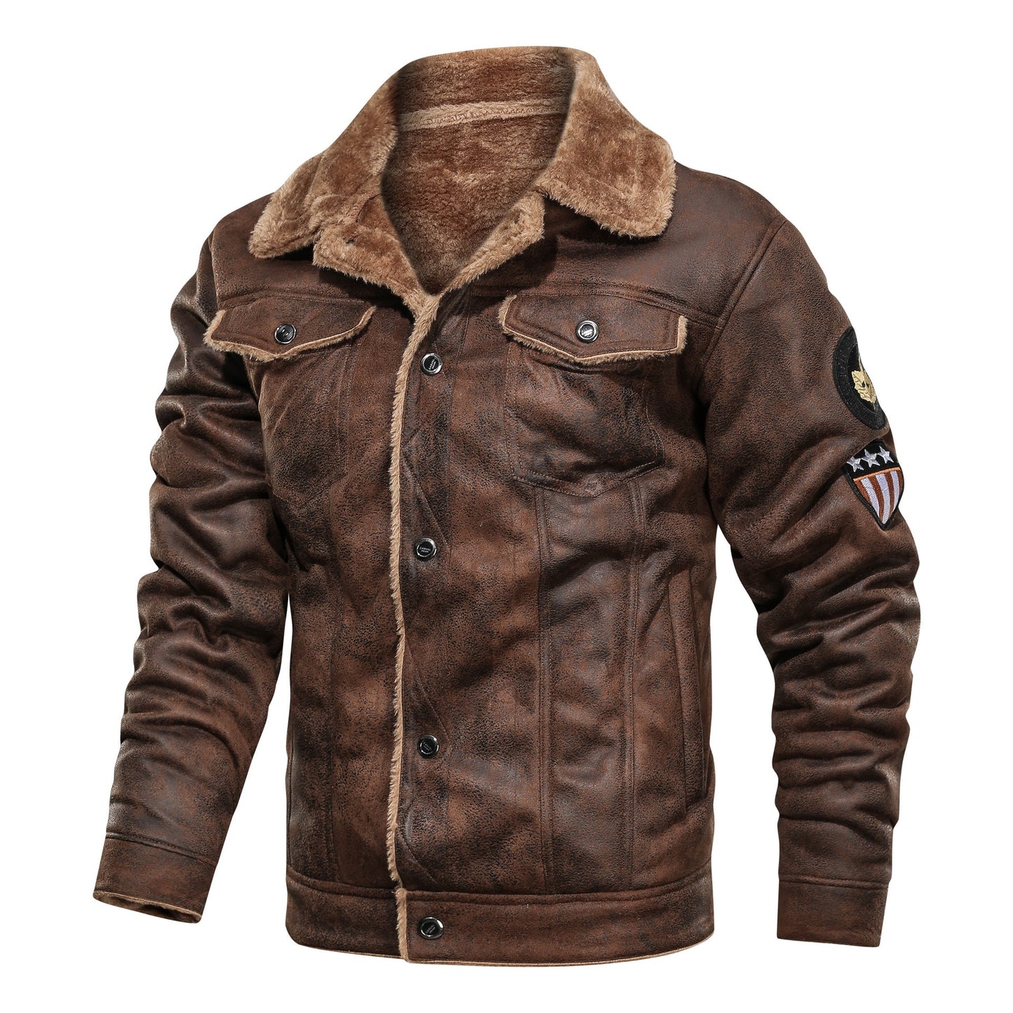 Men's Thick Warm Fleece Leather Jacket Coat - Casual Military Bomber