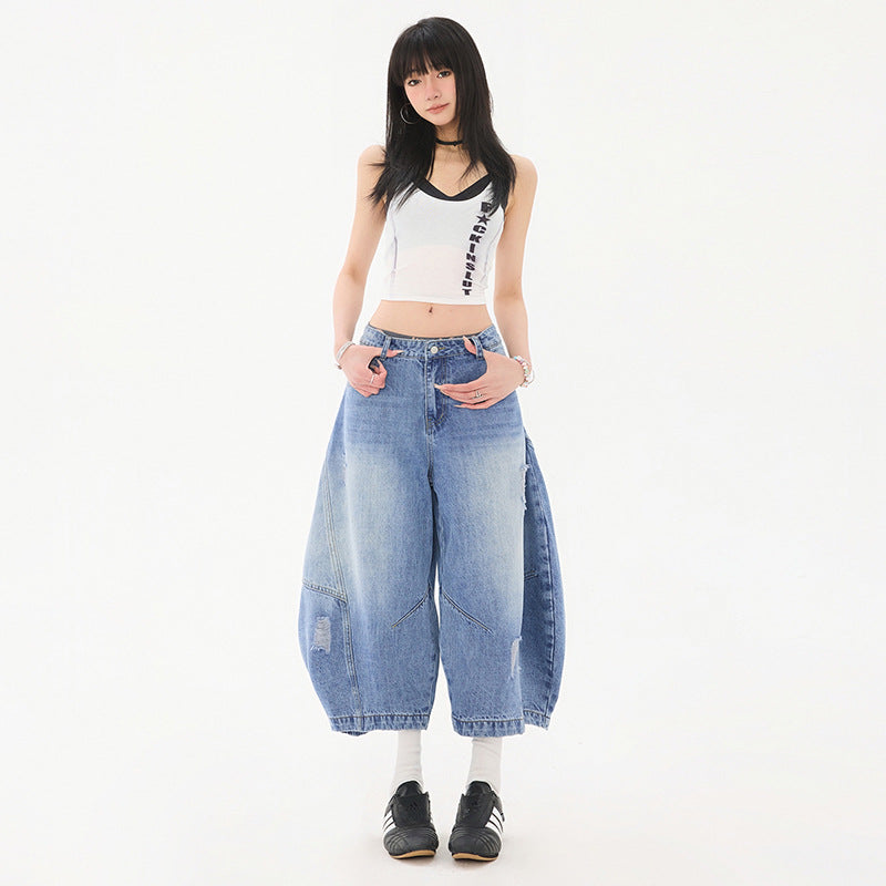 Women's Washed Baggy Hole Slant Leg Wide-Leg Three-Quarter Denim Pants for Couples