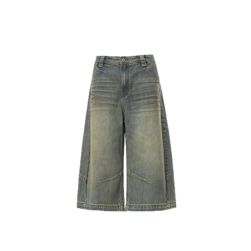 Deconstructed Knife-Edge Denim Shorts - Distressed Wide-Leg Casual Pants
