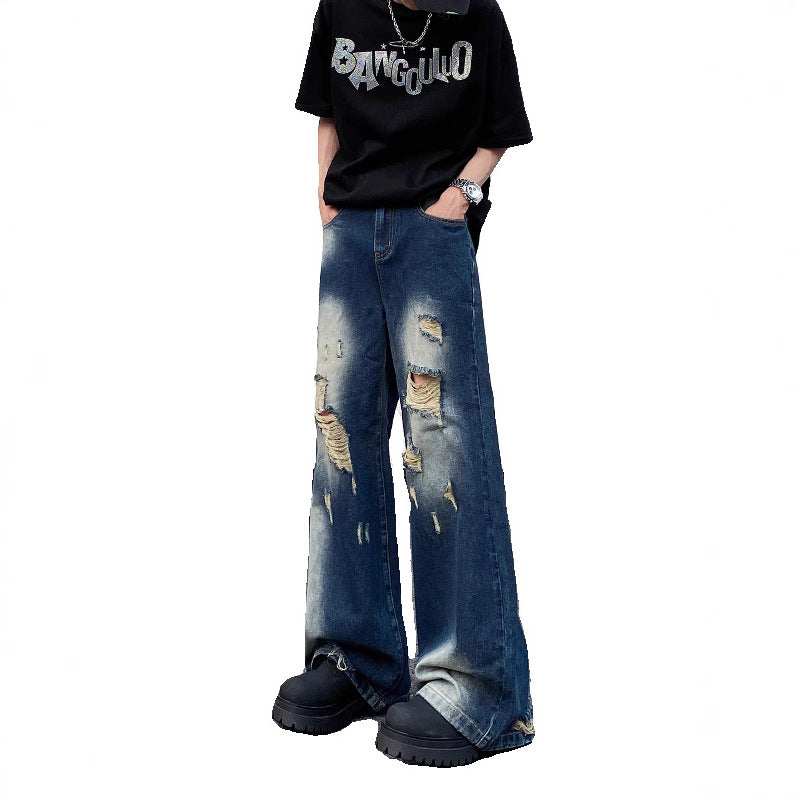 Ripped Blue Denim Loose Straight Casual Pants