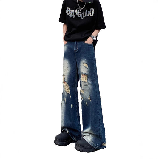 Ripped Blue Denim Loose Straight Casual Pants