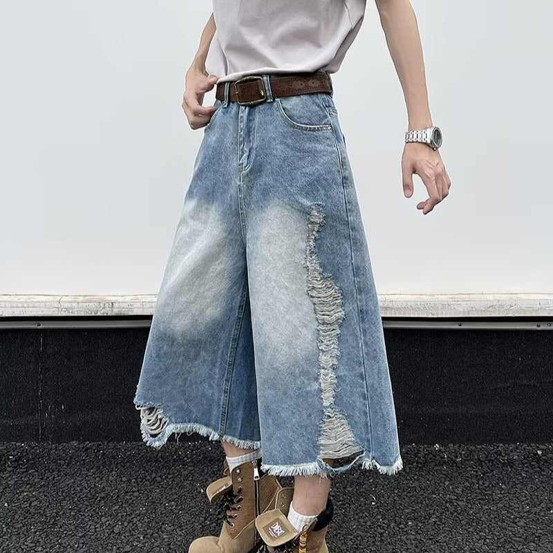 Premium Ripped Denim Straight Leg Cropped Pants