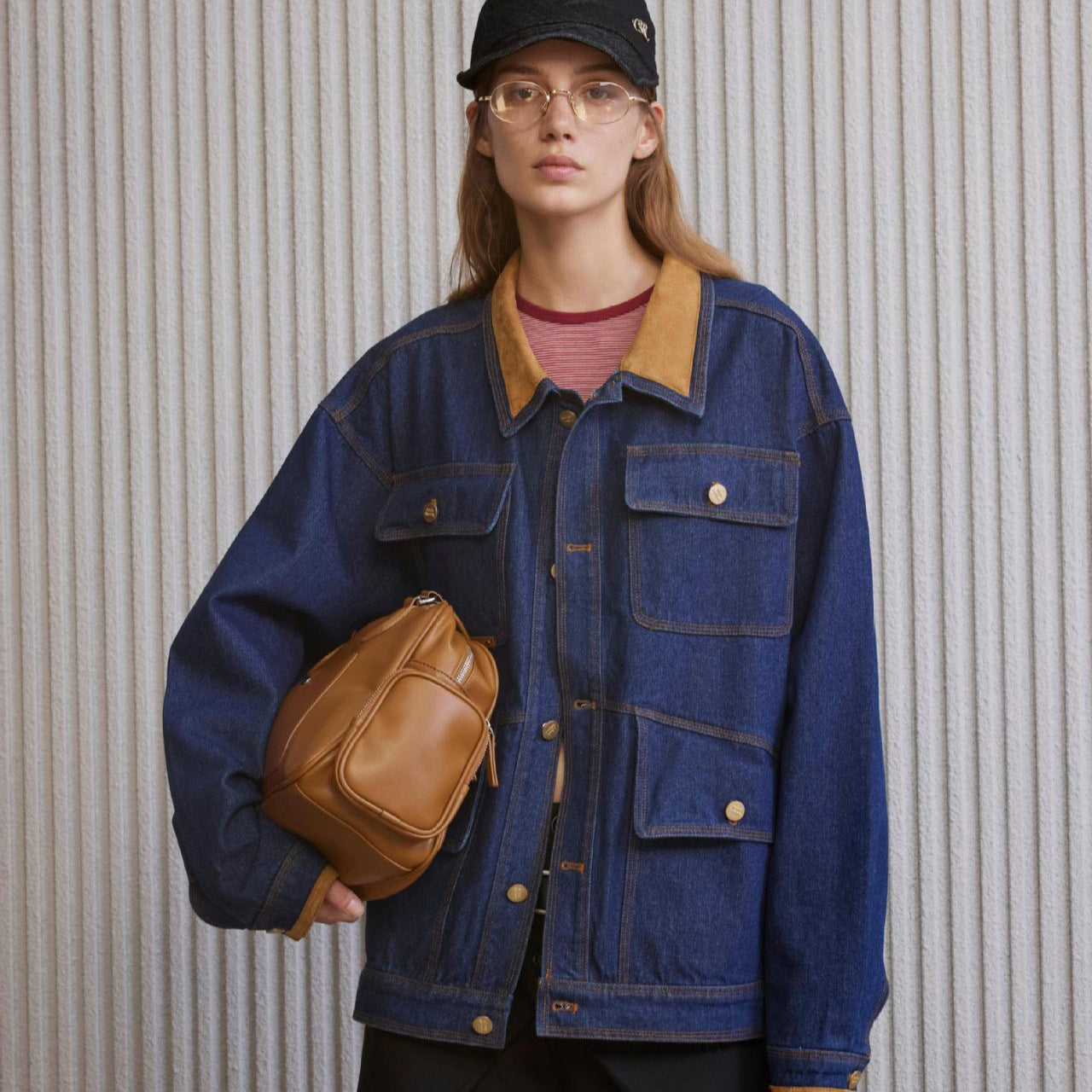 Multi Pocket Denim Jacket with Stacked Collar