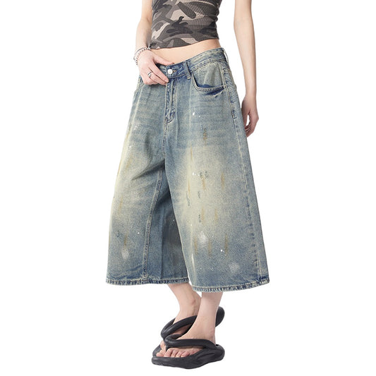 Splatter Washed Denim Pants for Women - Loose Casual Wide Leg Crop Pants