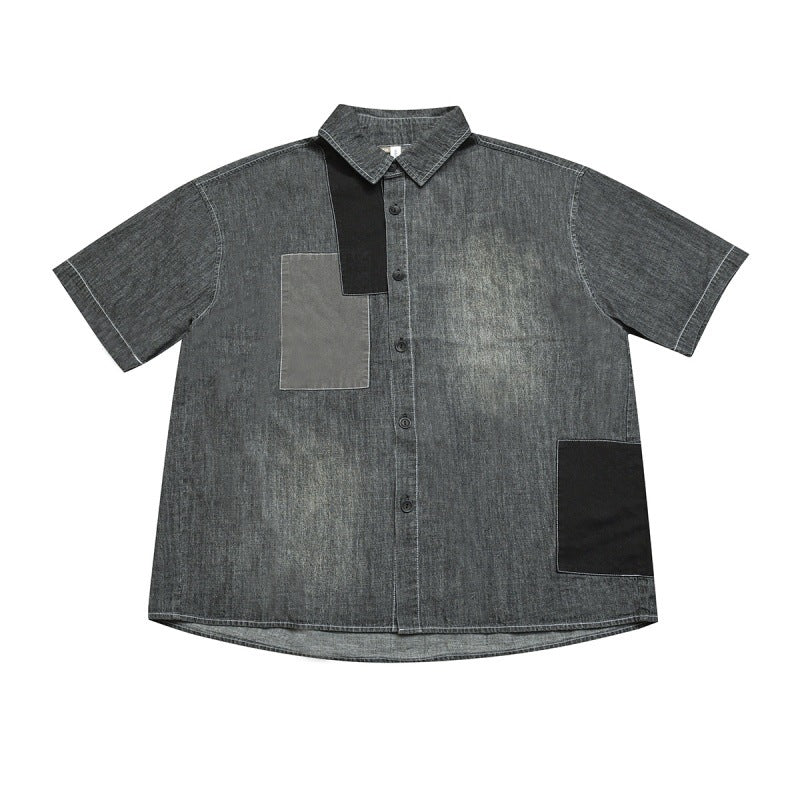 Washed Distressed Contrasting Spliced Loose Short Sleeve Denim Shirt