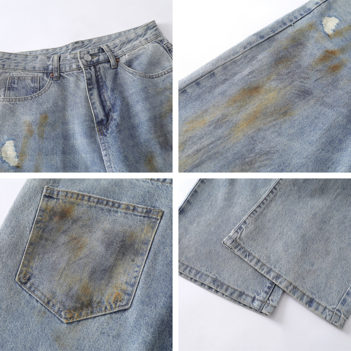 Unisex Distressed Denim Pants - Loose Straight Fit Trousers