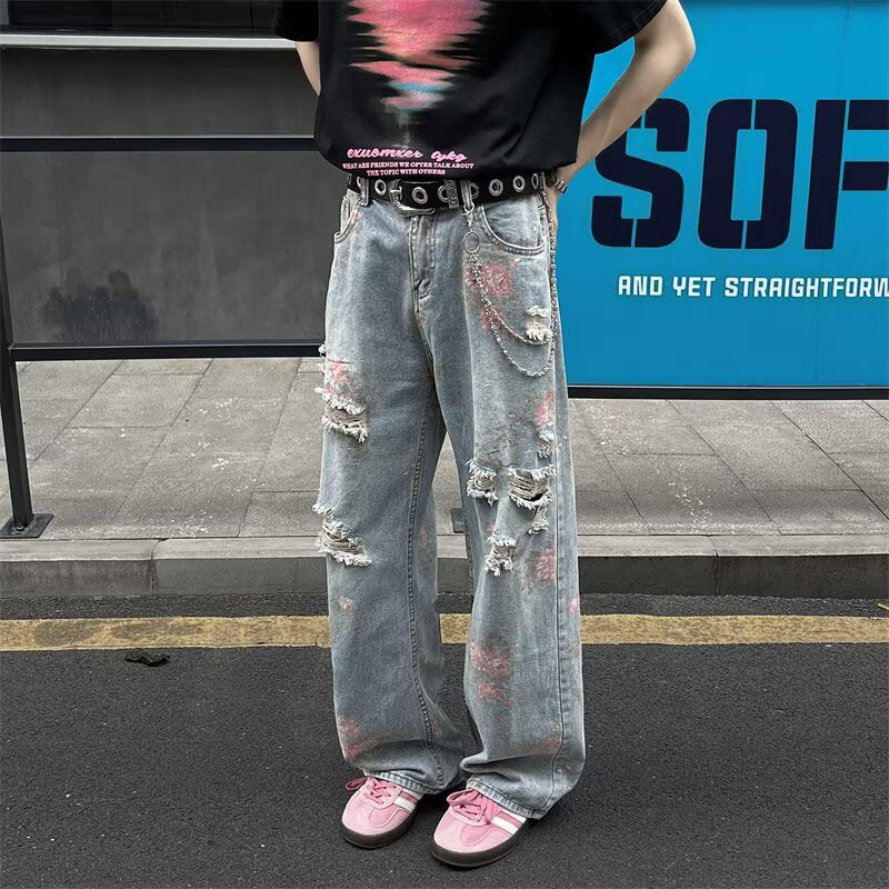 Flower Hole Cowboy Rose Full Print Straight Pants
