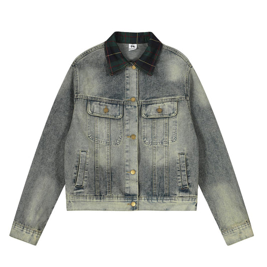 Vintage Patchwork Plaid Lapel Denim Jacket