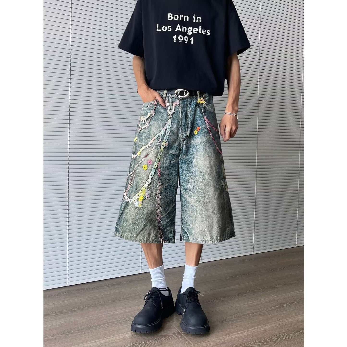 Vintage Chain Printed Denim Cropped Pants