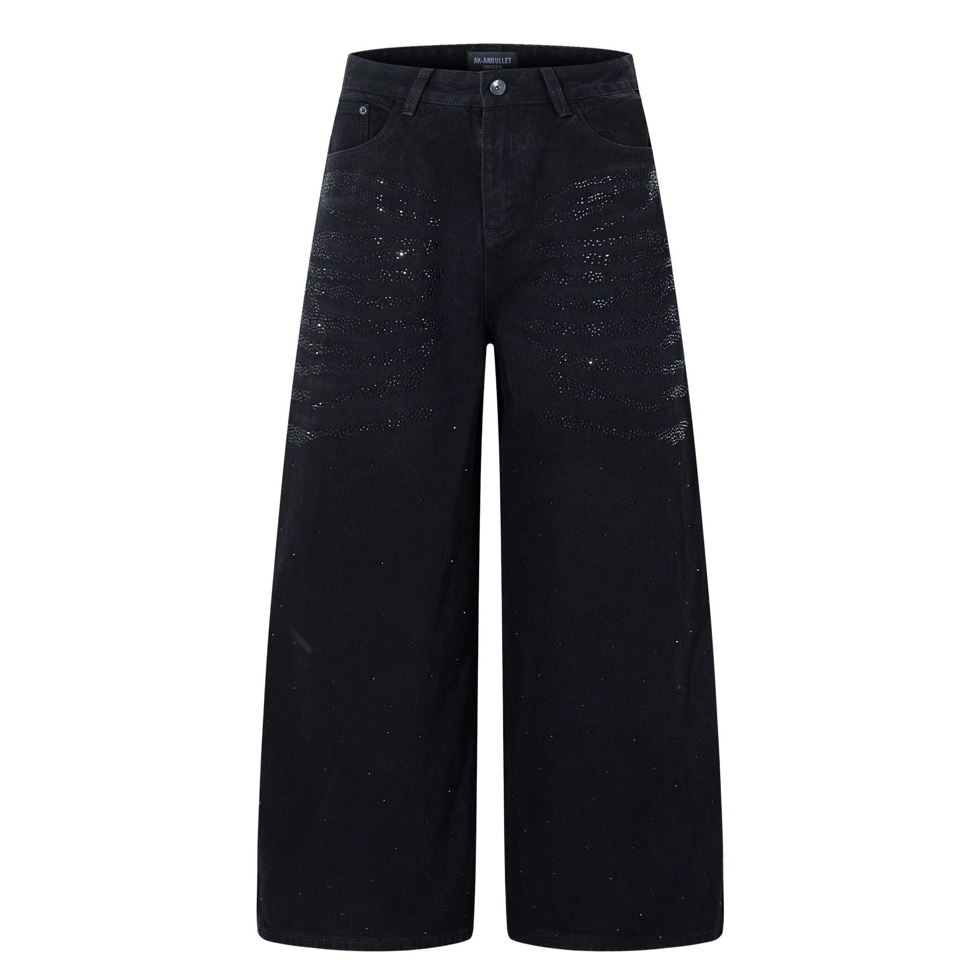 Washed Rhinestone Design Denim Pants with Loose Wide Legs