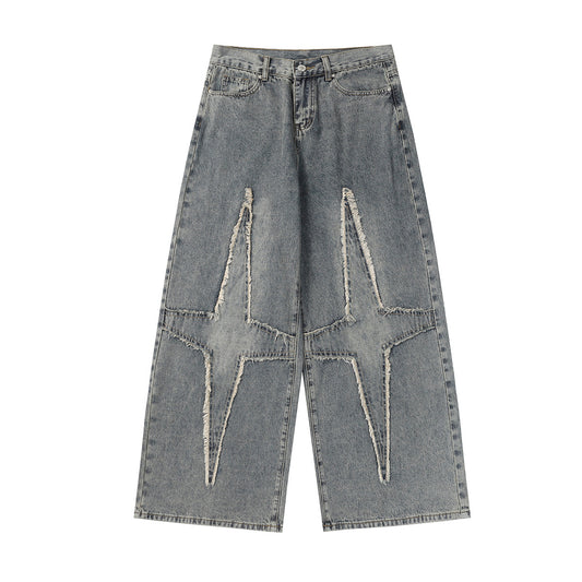 Washed Cross Patch Denim Loose Wide Leg Pants