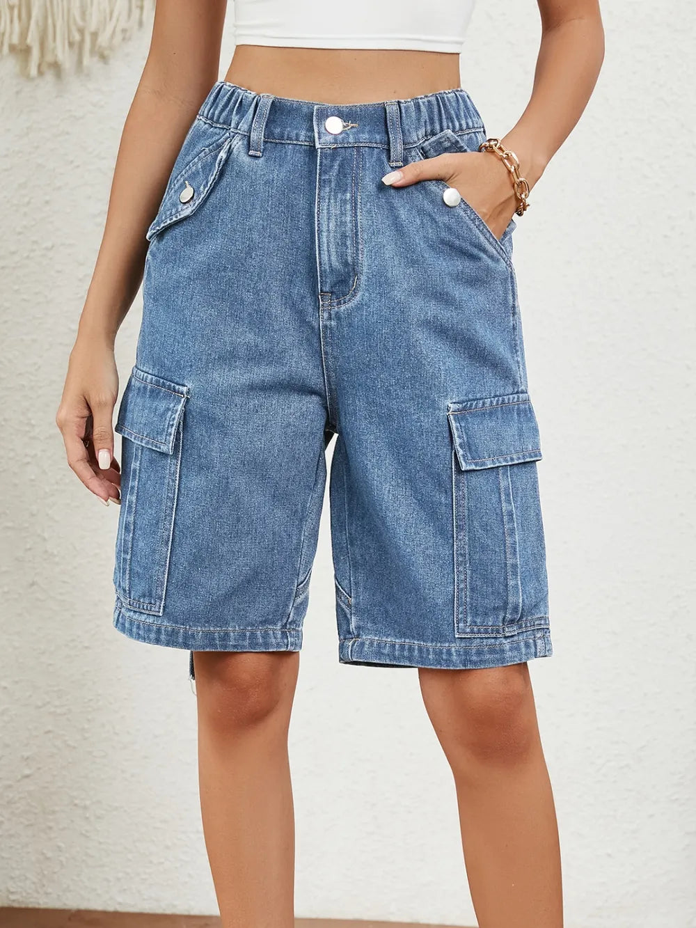 High Waist Denim Shorts with Pockets - Casual Chic Style