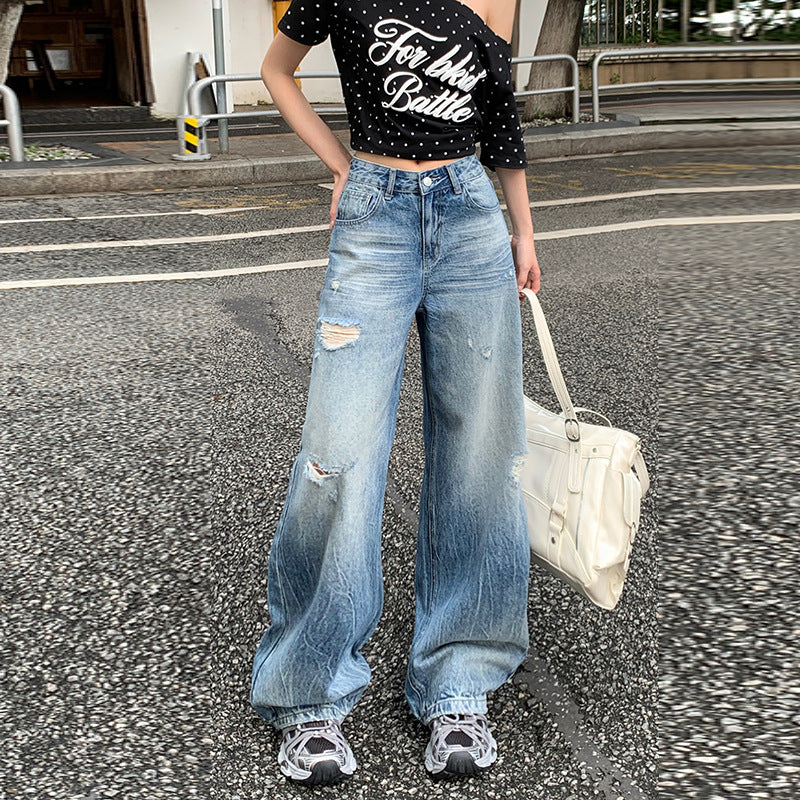 Ripped Denim Pants for Women - High Waist Loose Fit Straight Leg